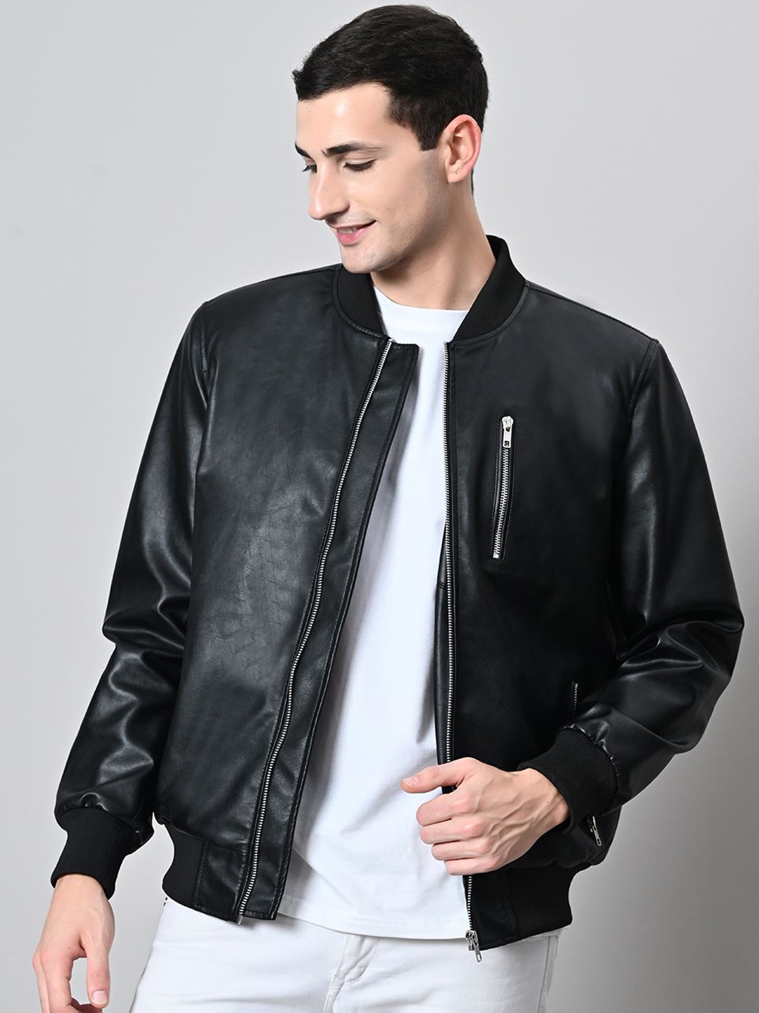 

TBOJ Men Striped Lightweight Crop Leather Jacket, Black