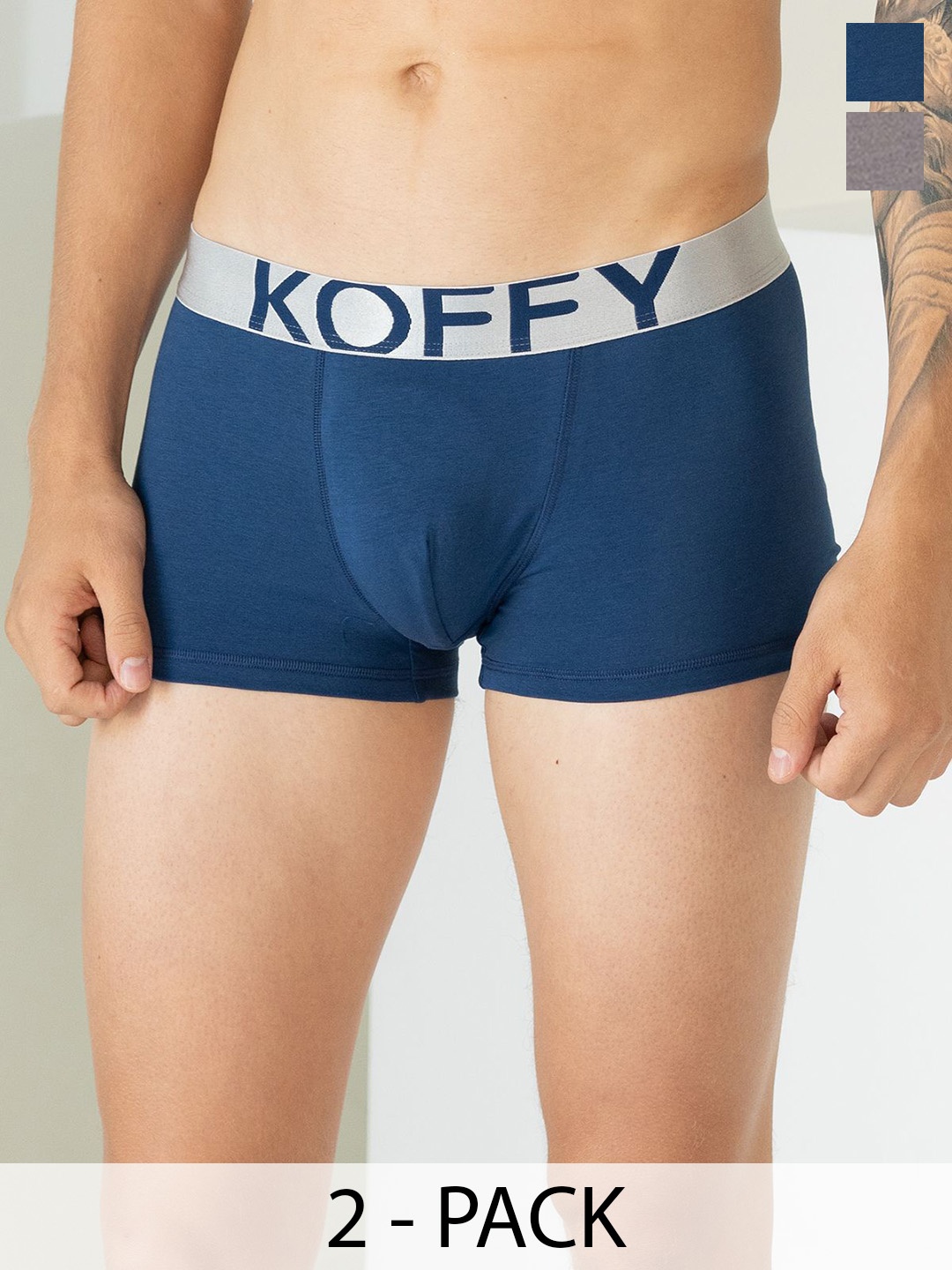 

KOFFY Pack Of 2 Cotton Mid Rise Breathablity Trunks KOFFY_KI27_DGR_AFBU_2PC, Grey
