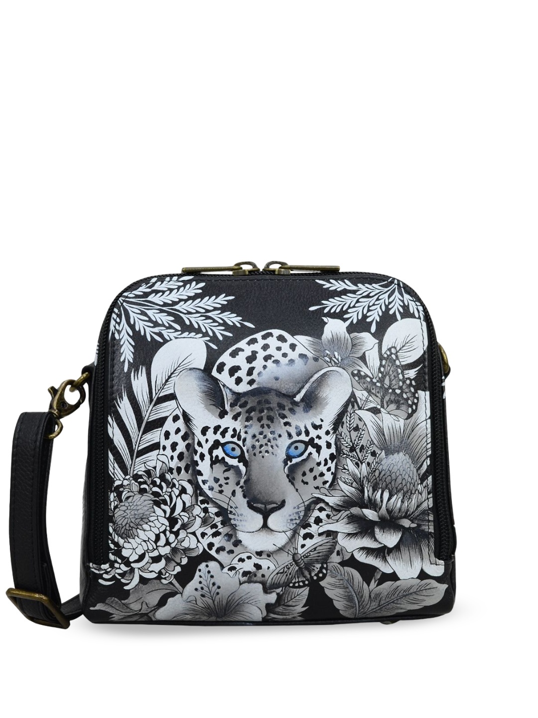 

Anuschka Floral Printed Leather Structured Sling Bag, Black