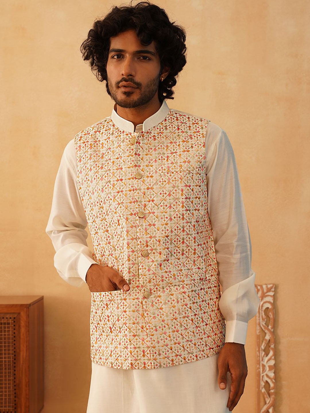 

Jompers Embroidered Nehru Jackets, Beige