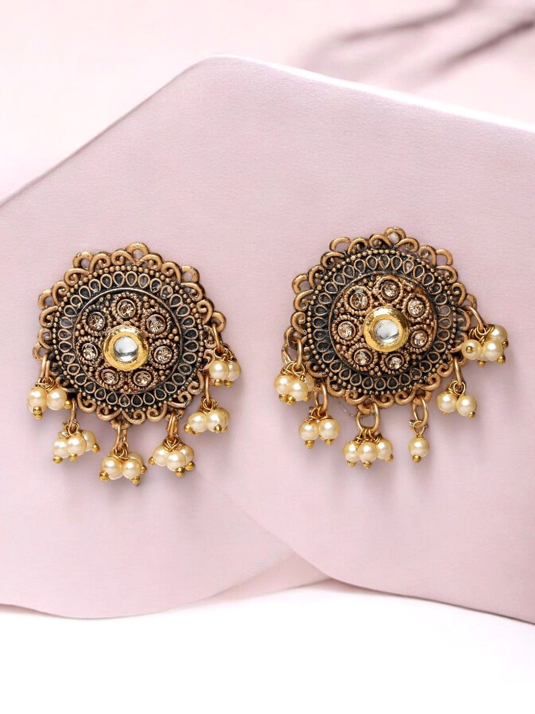 

ADIVA Gold Plated Kundan Studded & Pearl Beaded Circular Oversized Studs