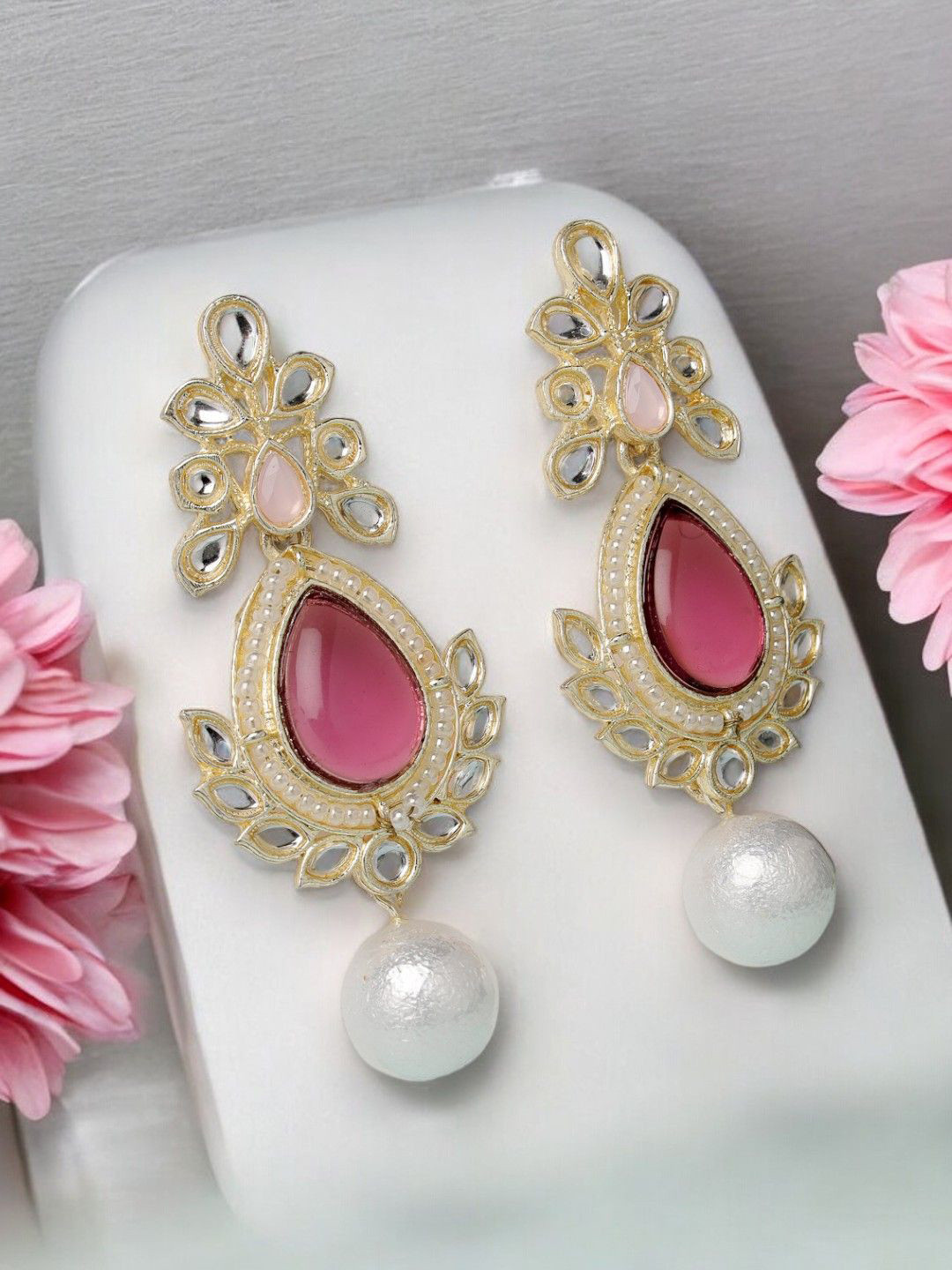 

ADIVA Gold-Plated Kundan Stone Studded & Beaded Classic Drop Earrings