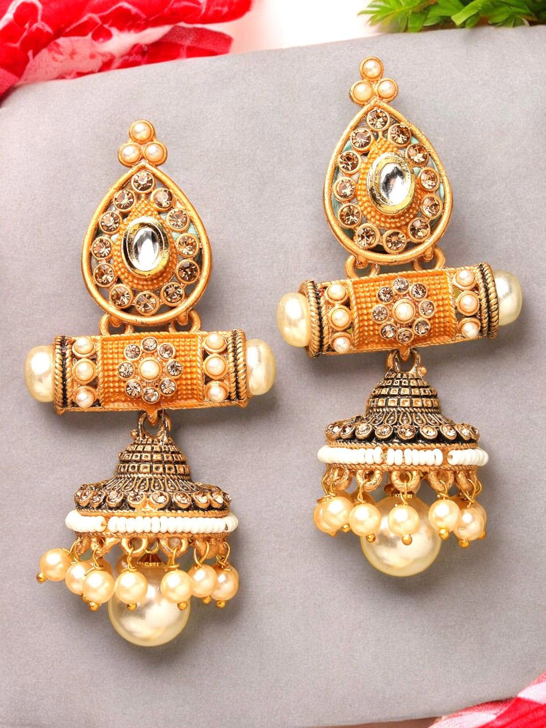 

ADIVA Gold-Plated Hand-Painted Kundan Stone & Pearls Dome Shaped Jhumkas