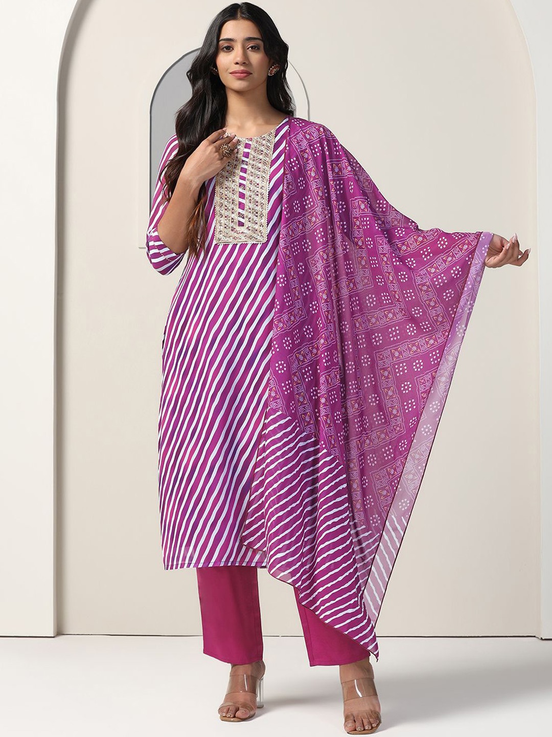 

FASHION DREAM Leheriya Printed Thread Work Georgette Kurta with Trousers & Dupatta, Purple