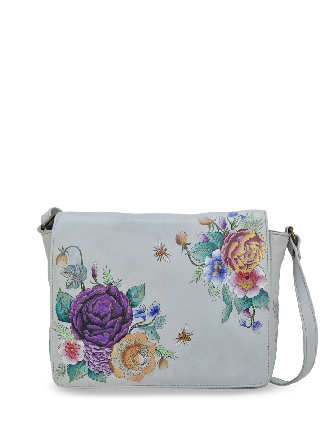 

Anuschka Floral Leather Shopper Sling Bag, Grey melange