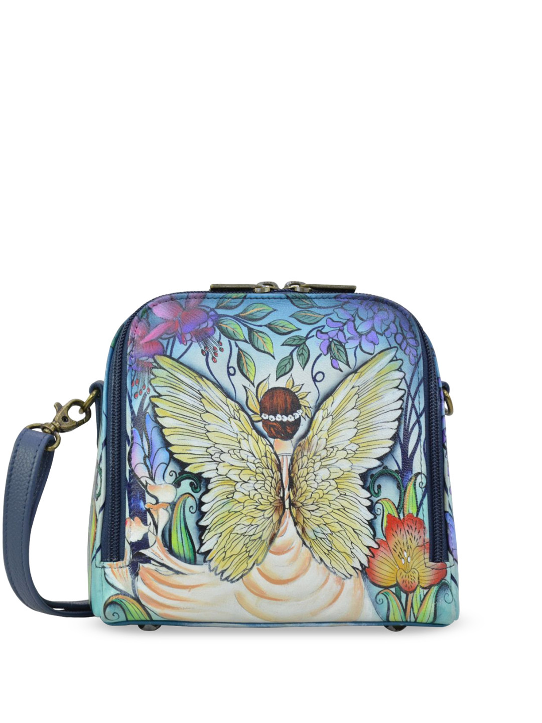 

Anuschka Floral Printed Leather Half Moon Sling Bag with Tasselled, Blue