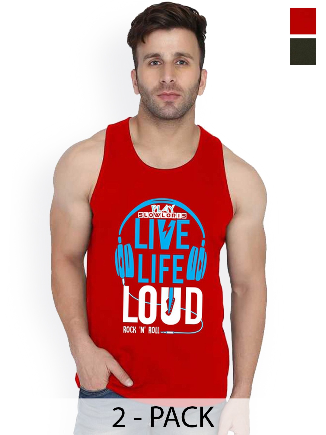 

SLOWLORIS Men Pack Of 2 Printed Cotton Gym Vests, Red