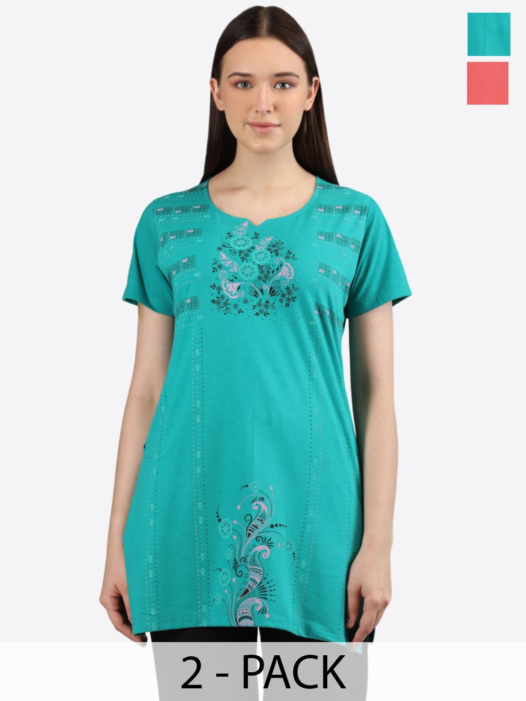 

Duchess Women Pack Of 2 Printed Round Neck Short Sleeves Lounge T-shirts, Green