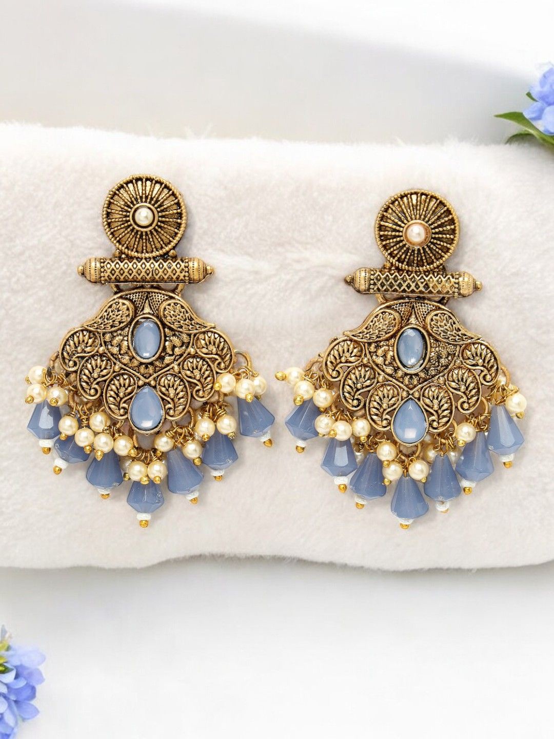 

ADIVA Gold-Plated Stone Studded & Beaded Classic Drop Earrings