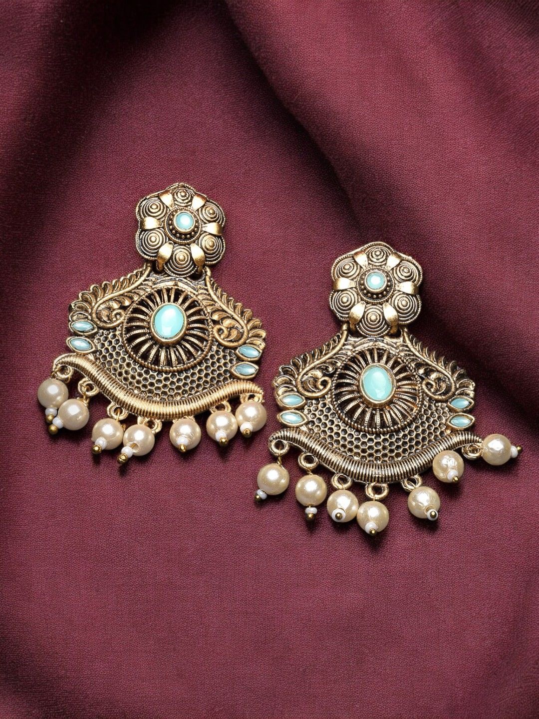 

ADIVA Gold-Plated Stone Studded & Beaded Floral Drop Earrings