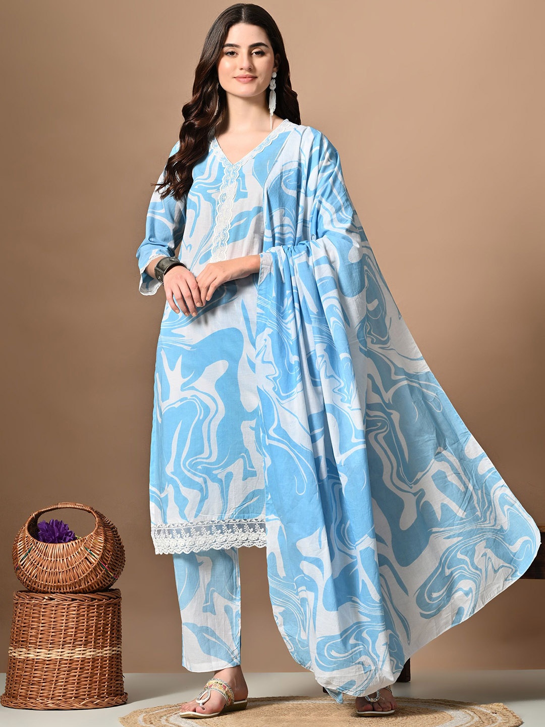 

EKAKRITI Floral Printed Thread Work Straight Kurta With Palazzos & Dupatta, Blue