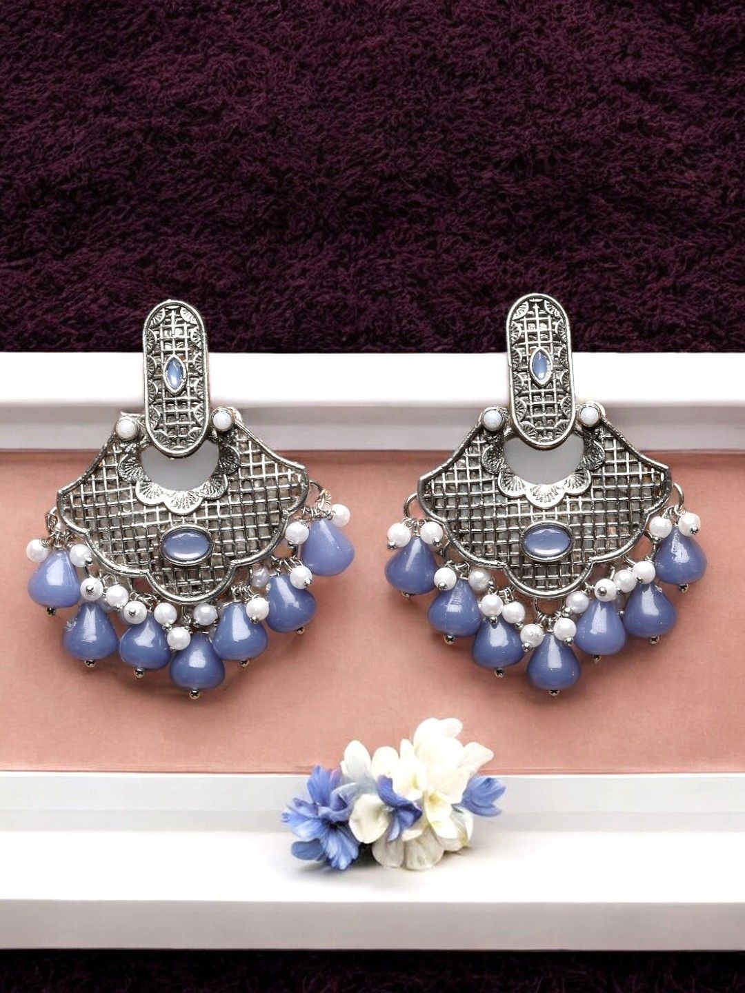 

ADIVA Silver-Plated Stone Studded & Pearl Beaded Oxidised Drop Earrings