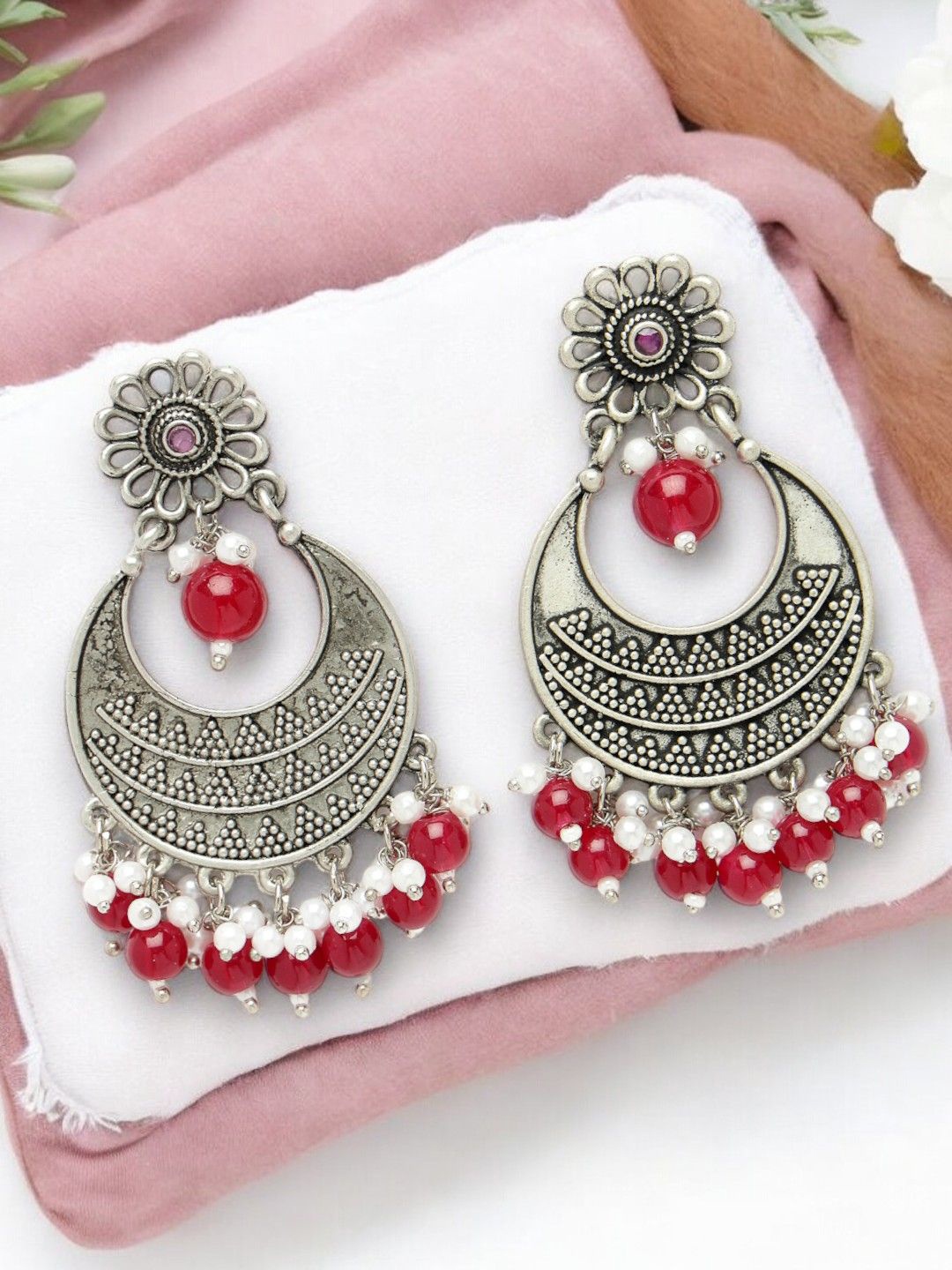 

ADIVA Silver-Plated Stones Studded & Pearls Beaded Oxidised Crescent Shaped Chandbalis