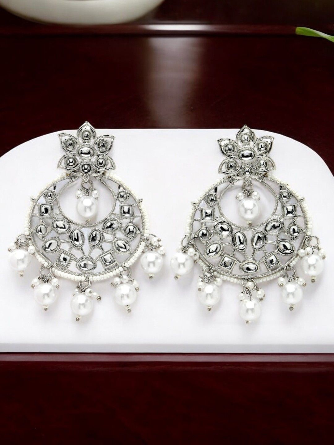 

ADIVA Silver-Plated Kundan Stone Studded & Beaded Crescent Shaped Chandbalis
