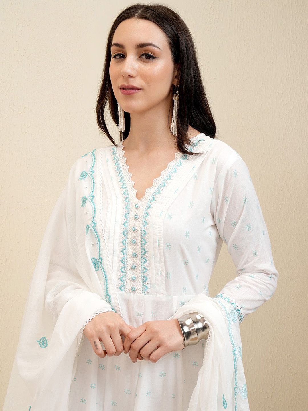 

Vishudh White Embroidered Pure Cotton Anarkali Panelled Kurta With Trousers & Dupatta