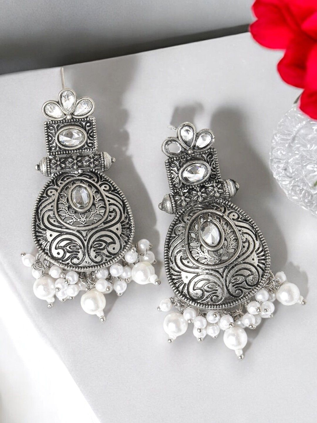 

ADIVA Silver-Plated Kundan Studded & Pearls Beaded Oxidised Contemporary Drop Earrings