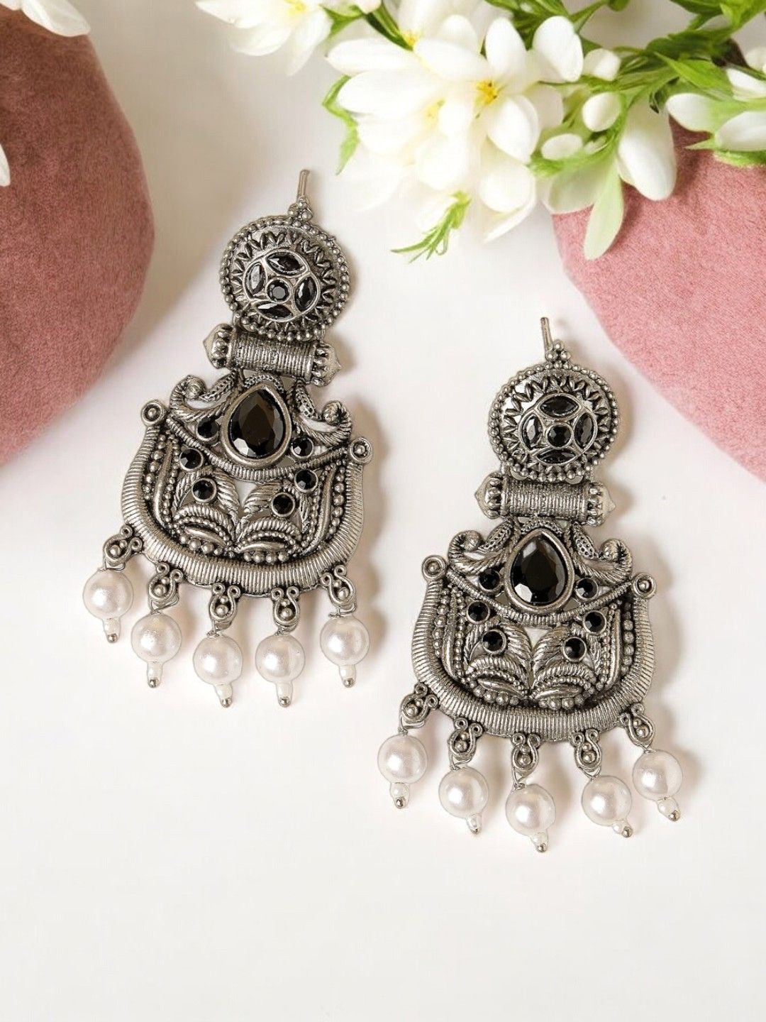 

ADIVA Silver-Plated Stone Studded & Pearl Beaded Peacock Shaped Oxidised Drop Earrings