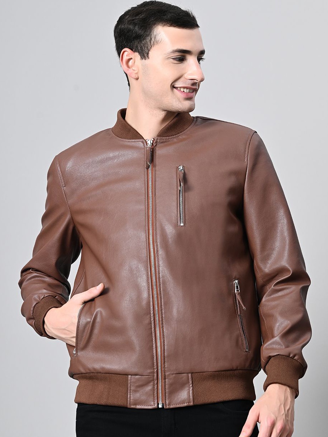 

TBOJ Men Geometric Lightweight Biker Jacket, Tan