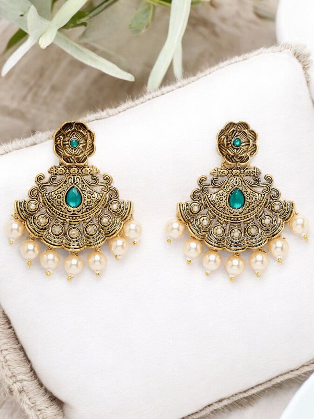 

ADIVA Gold-Plated Pearl Beaded Antique Floral Drop Earrings