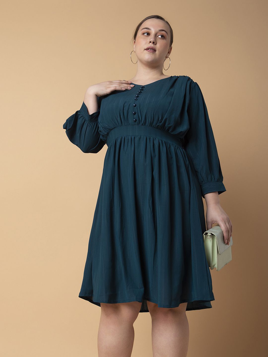 

SHOWOFF Puff Sleeve Georgette Empire Mini Dress, Teal