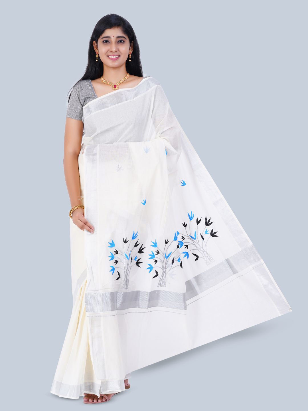 

Thara Sarees Women Floral Zari Kasavu Saree, White