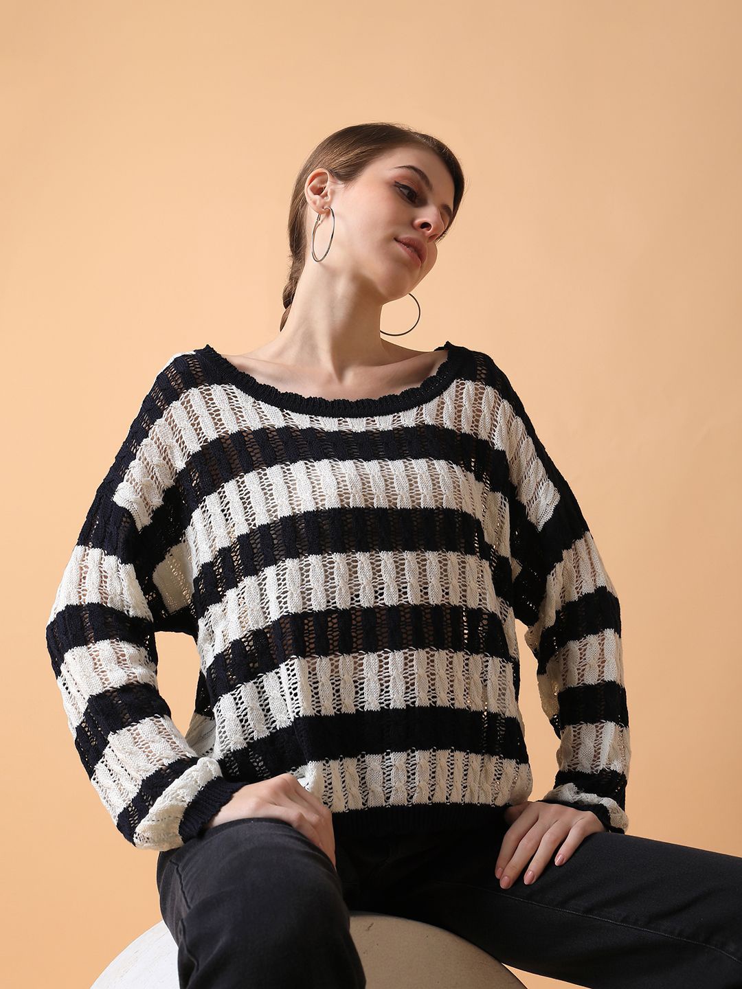 

SHOWOFF Striped Batwing Sleeve Top, White