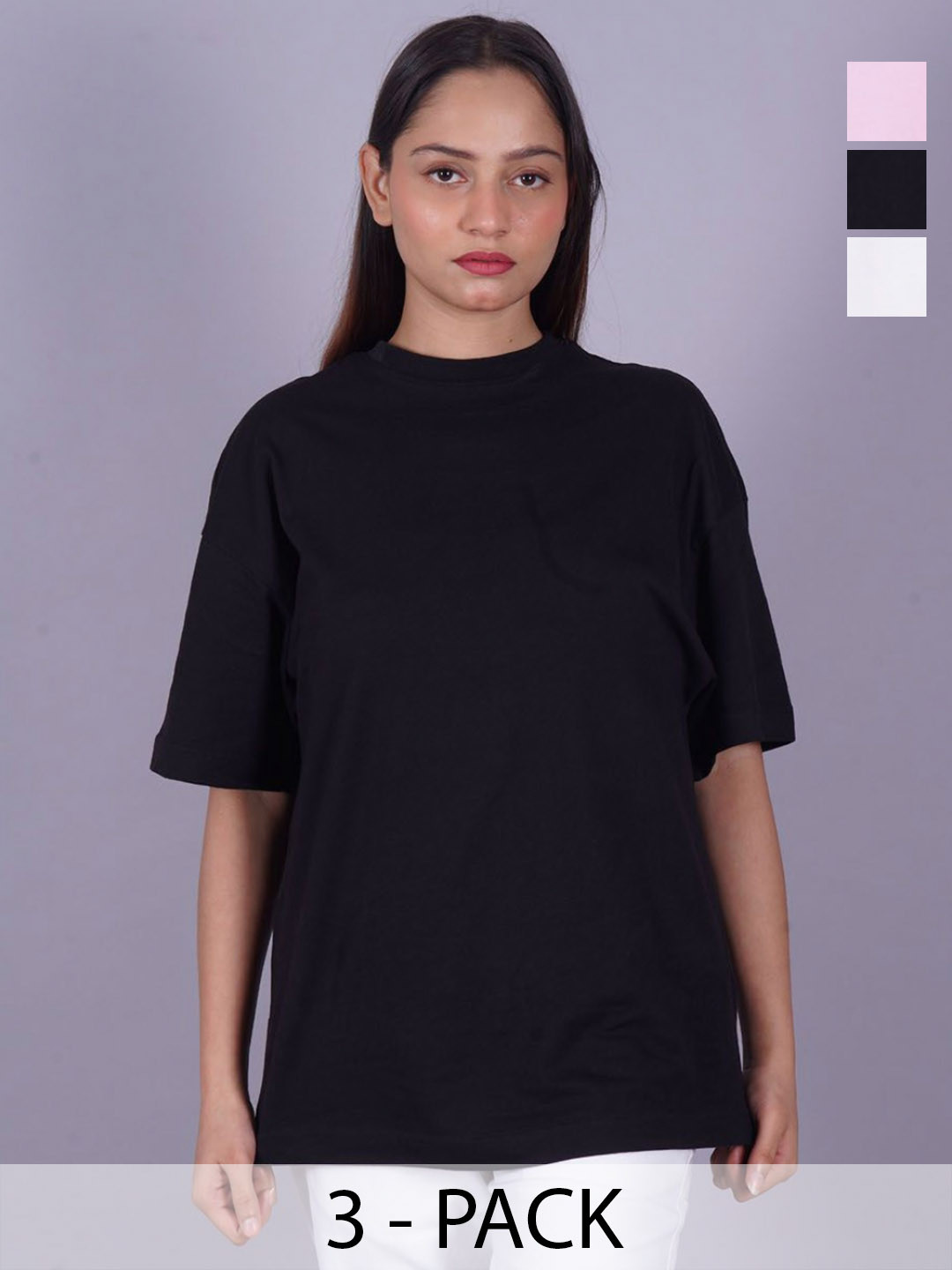 

VYVE Women Pack Of 3 Round Neck Solid T-shirts, Black
