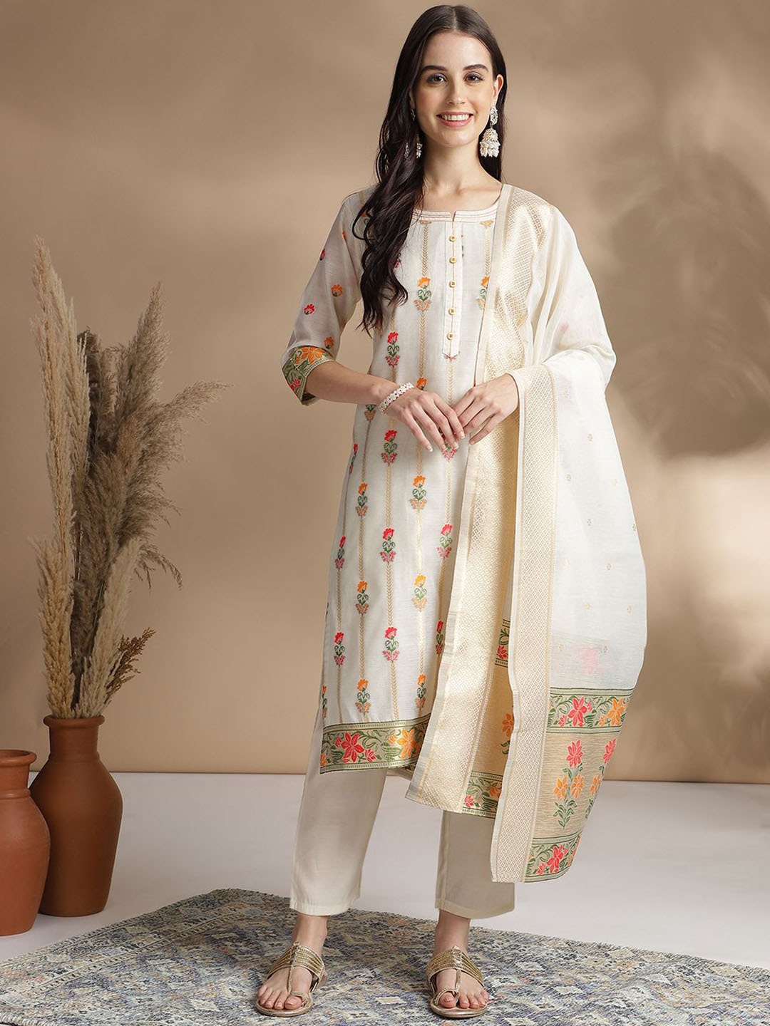 

RAJGRANTH Regular Chanderi Cotton Kurti with Trousers & Dupatta, Off white