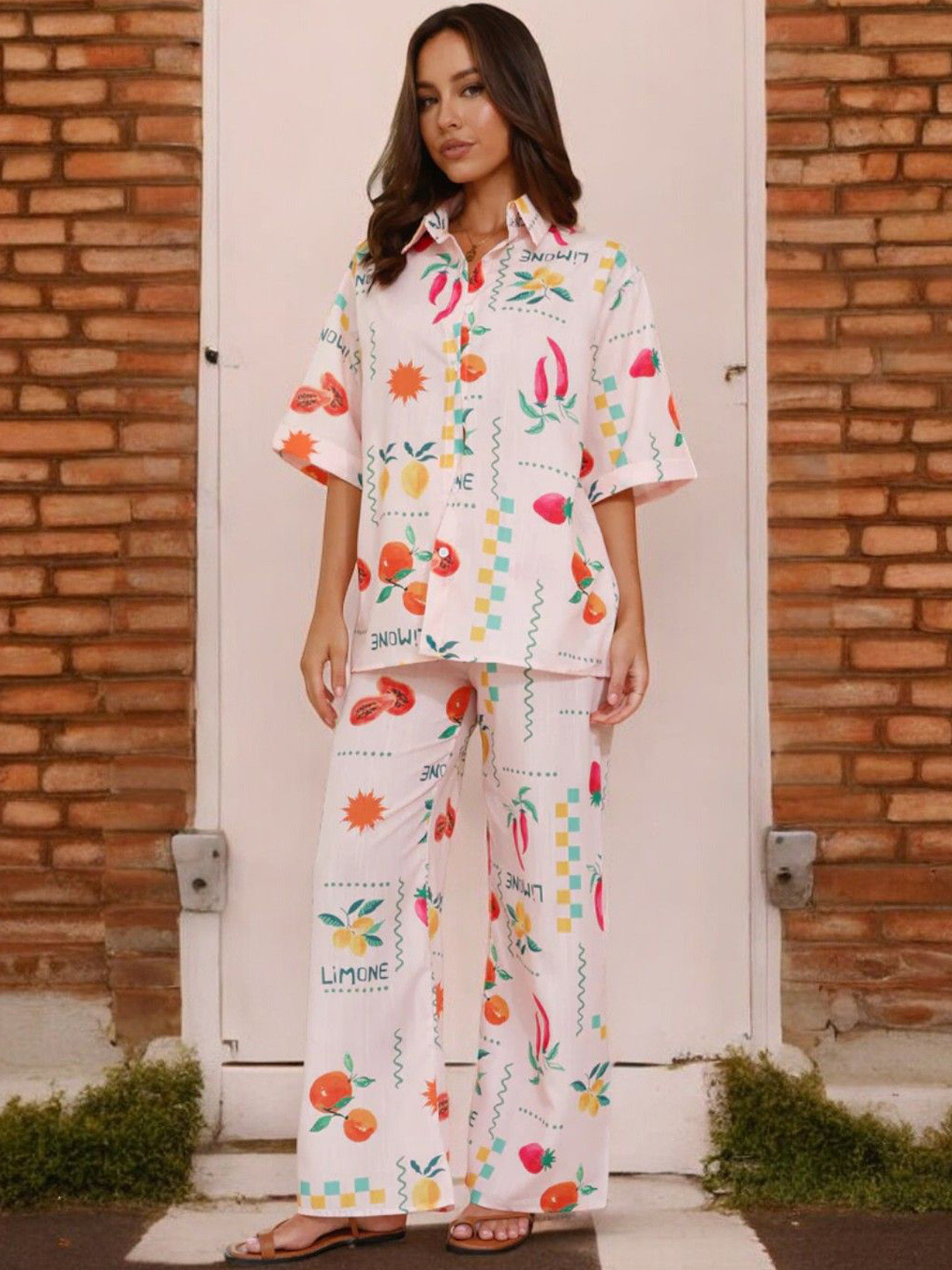 

KALINI Conversational Printed Shirt & Trousers, White