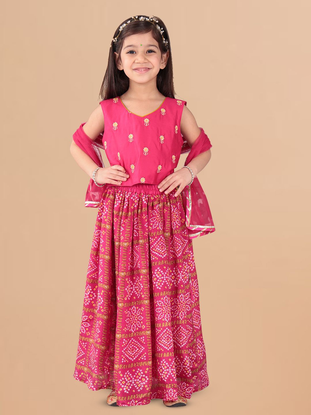 

Sangria Girls Pink Embroidered Cotton Ready to Wear Lehenga Choli With Dupatta