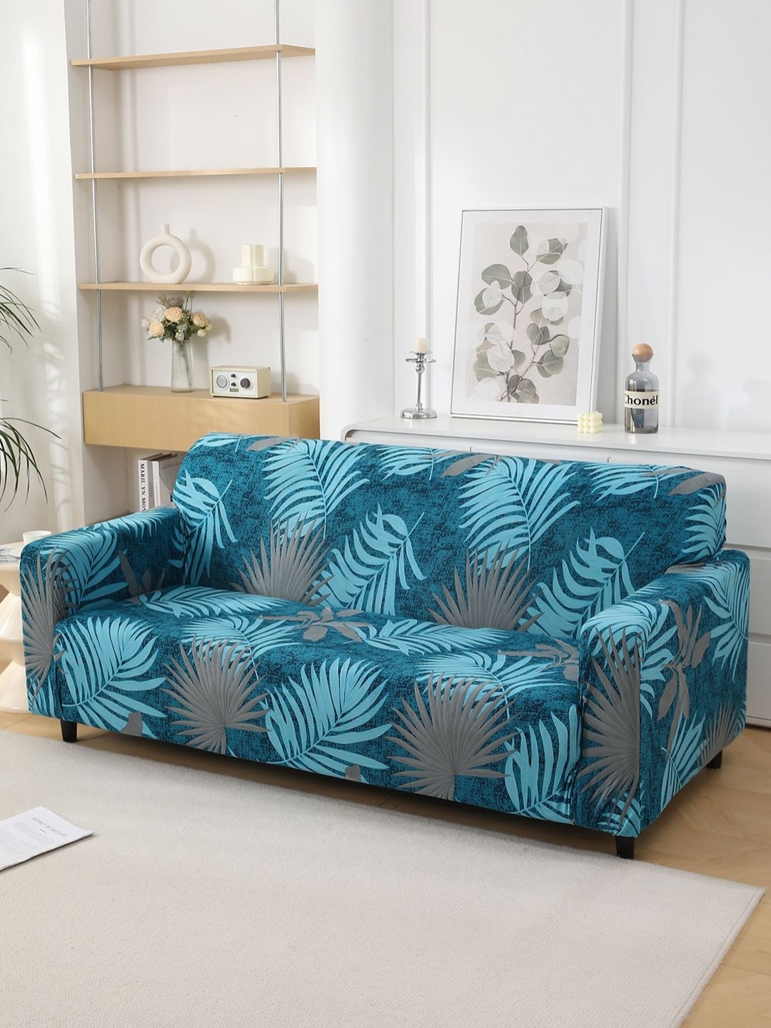 

HOKIPO Blue Printed 4 Seater Sofa Cover With Arms