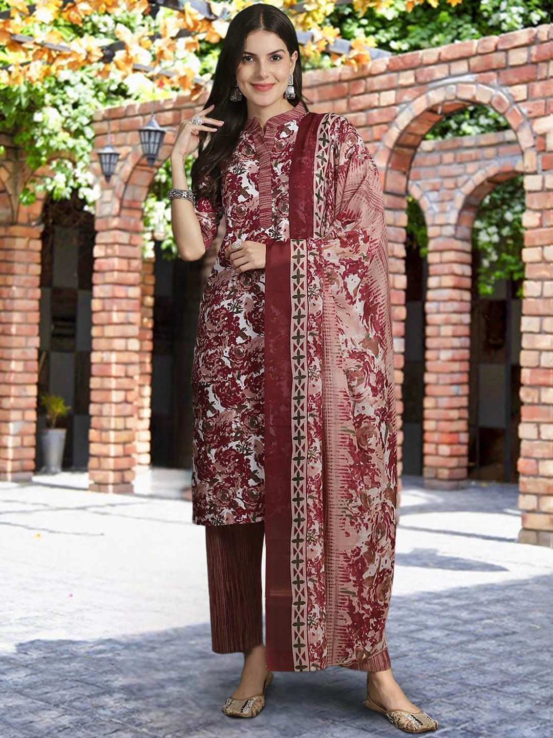 

7Threads Floral Printed Straight Pure Cotton Kurta with Trousers & Dupatta, Maroon