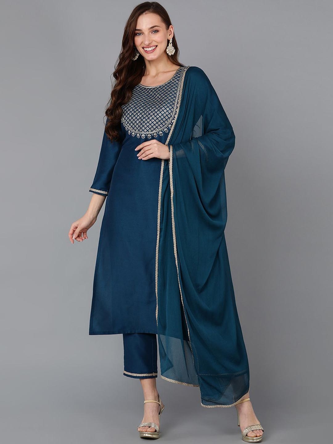 

Anouk Teal Blue Ethnic Motifs Yoke Design Sequinned Straight Kurta with Trousers & Dupatta