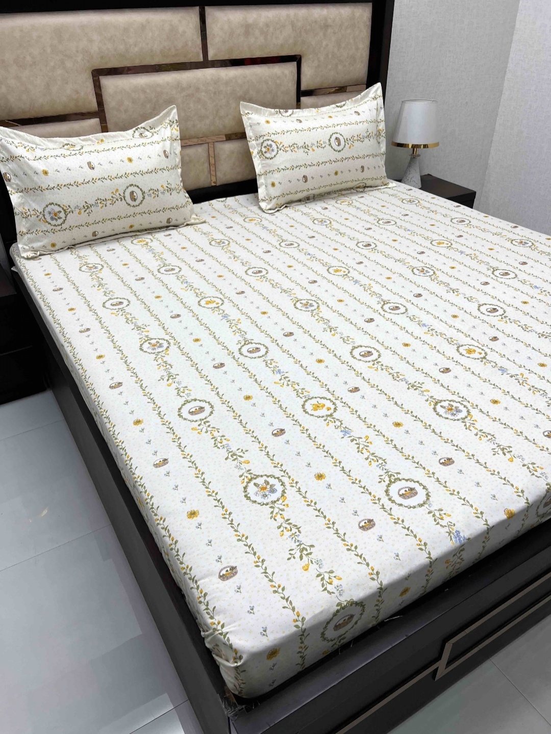 

Pure Decor White Floral Printed 300 TC Cotton Double Queen Bedsheet & 2 Pillow Covers