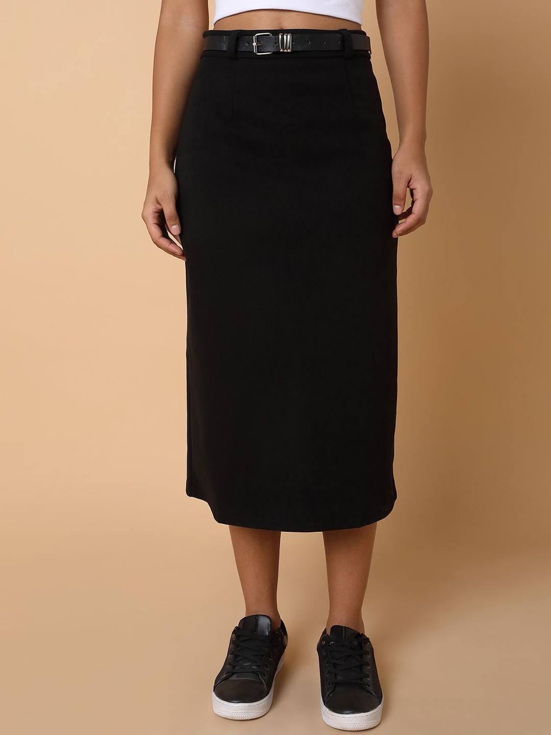 

SHOWOFF Women Straight Midi Skirt With Belt, Black