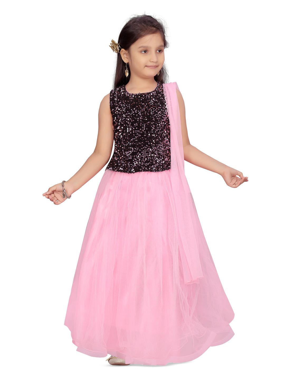 

BAESD Girls Embellished Sequinned Net Ready to Wear Lehenga & Blouse With Dupatta, Black