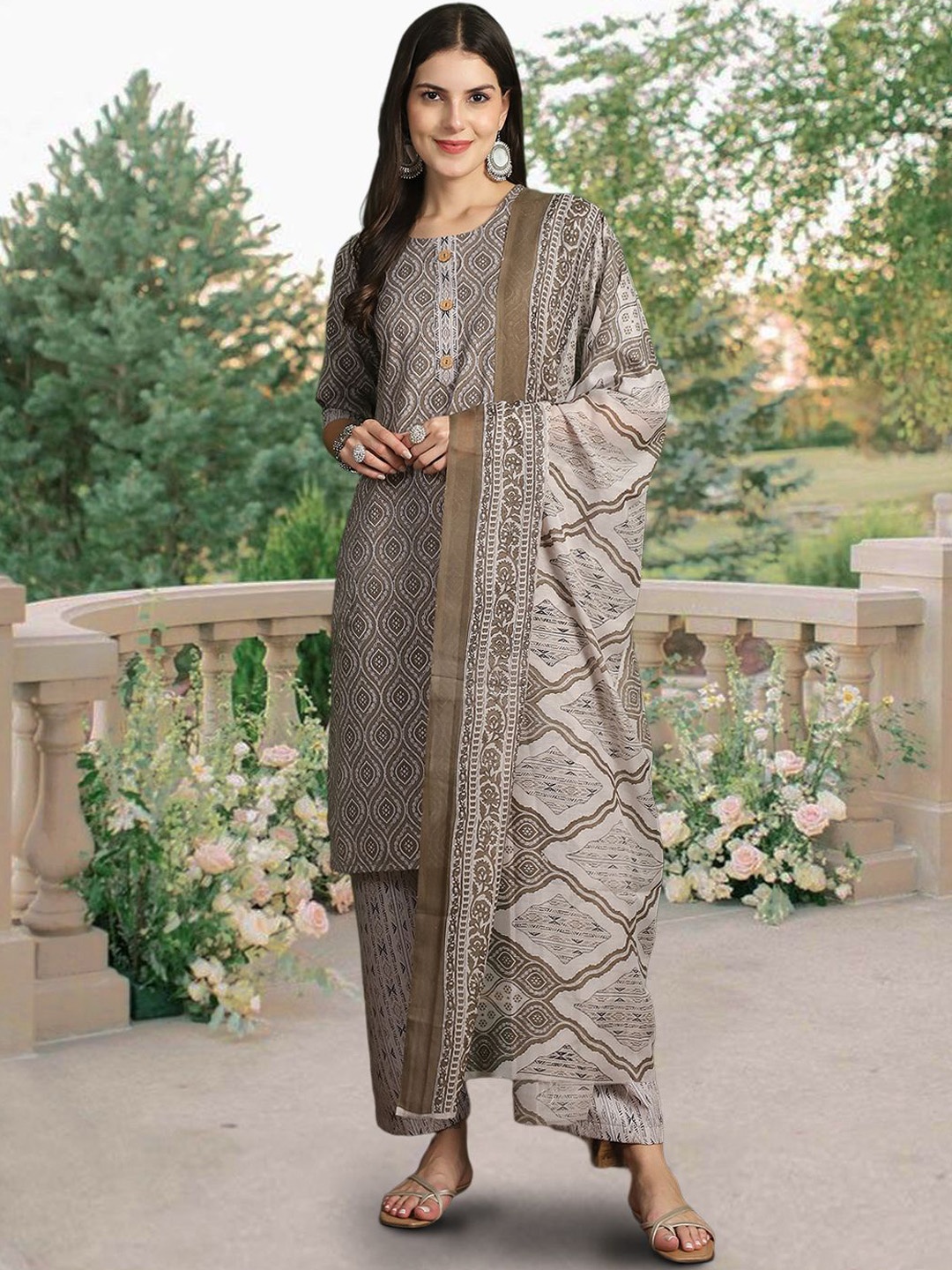 

7Threads Floral Printed Regular Pure Cotton Kurta with Trousers & Dupatta, Grey melange