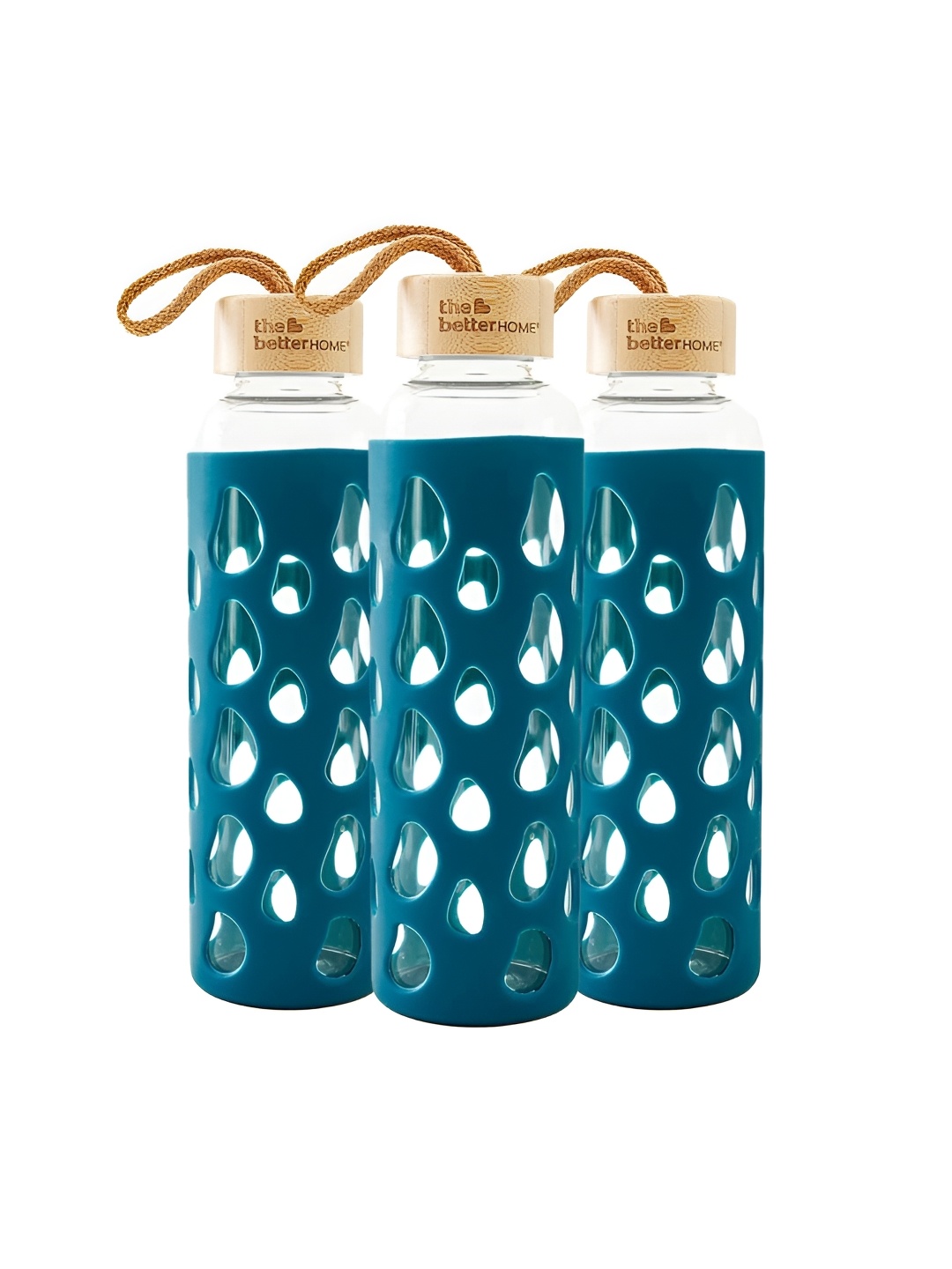 

The Better Home Blue 3 Pcs Borosilicate Glass Water Bottle With Sleeve & Bamboo Lid 550ml