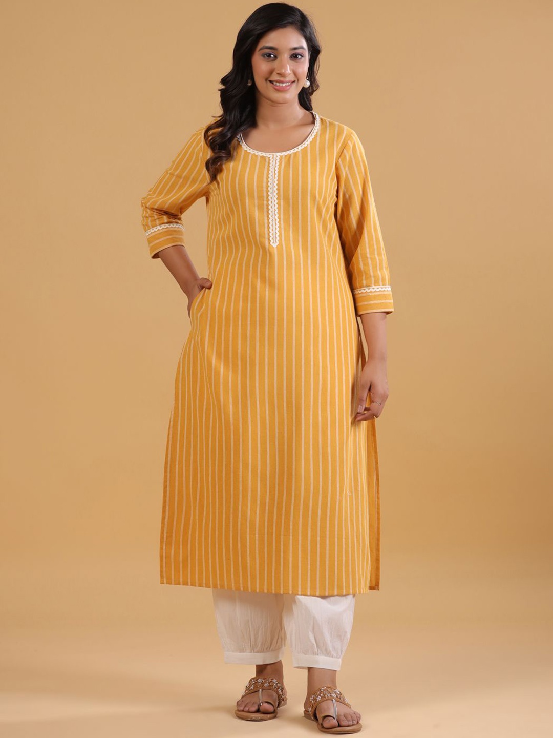 

SAVI Striped Cotton Straight Kurta, Mustard