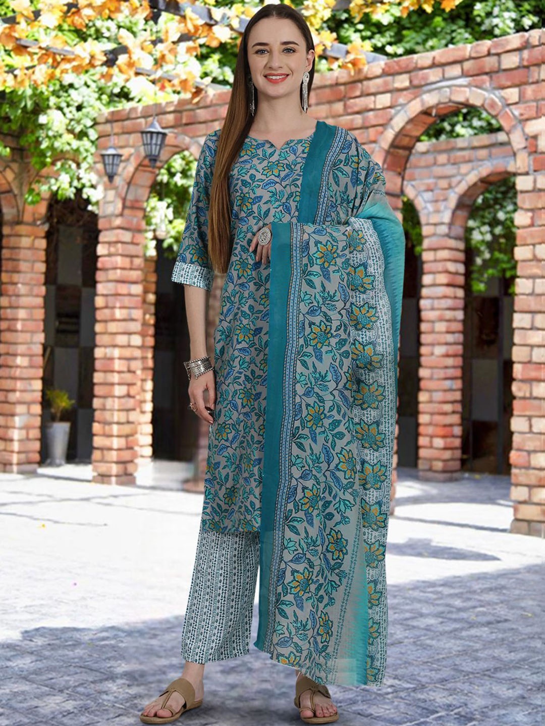 

7Threads Floral Printed Pure Cotton Straight Kurta with Trousers & Dupatta, Grey melange