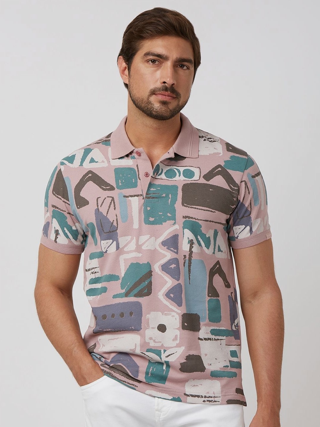 

Mufti Men Striped Polo Collar Tropical Pockets Slim Fit T-shirt, Pink