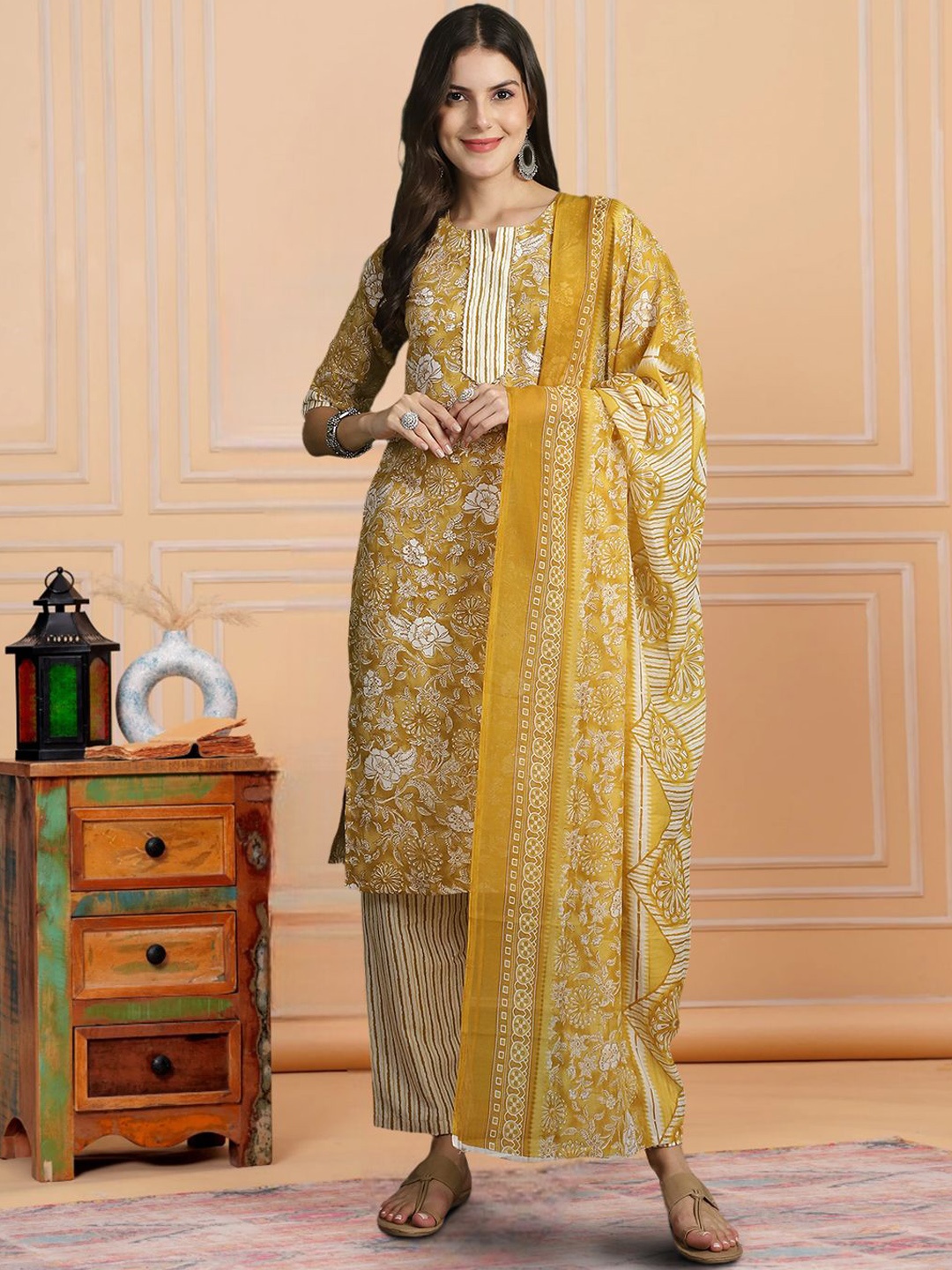 

7Threads Floral Printed Pure Cotton Straight Kurta with Trousers & Dupatta, Mustard