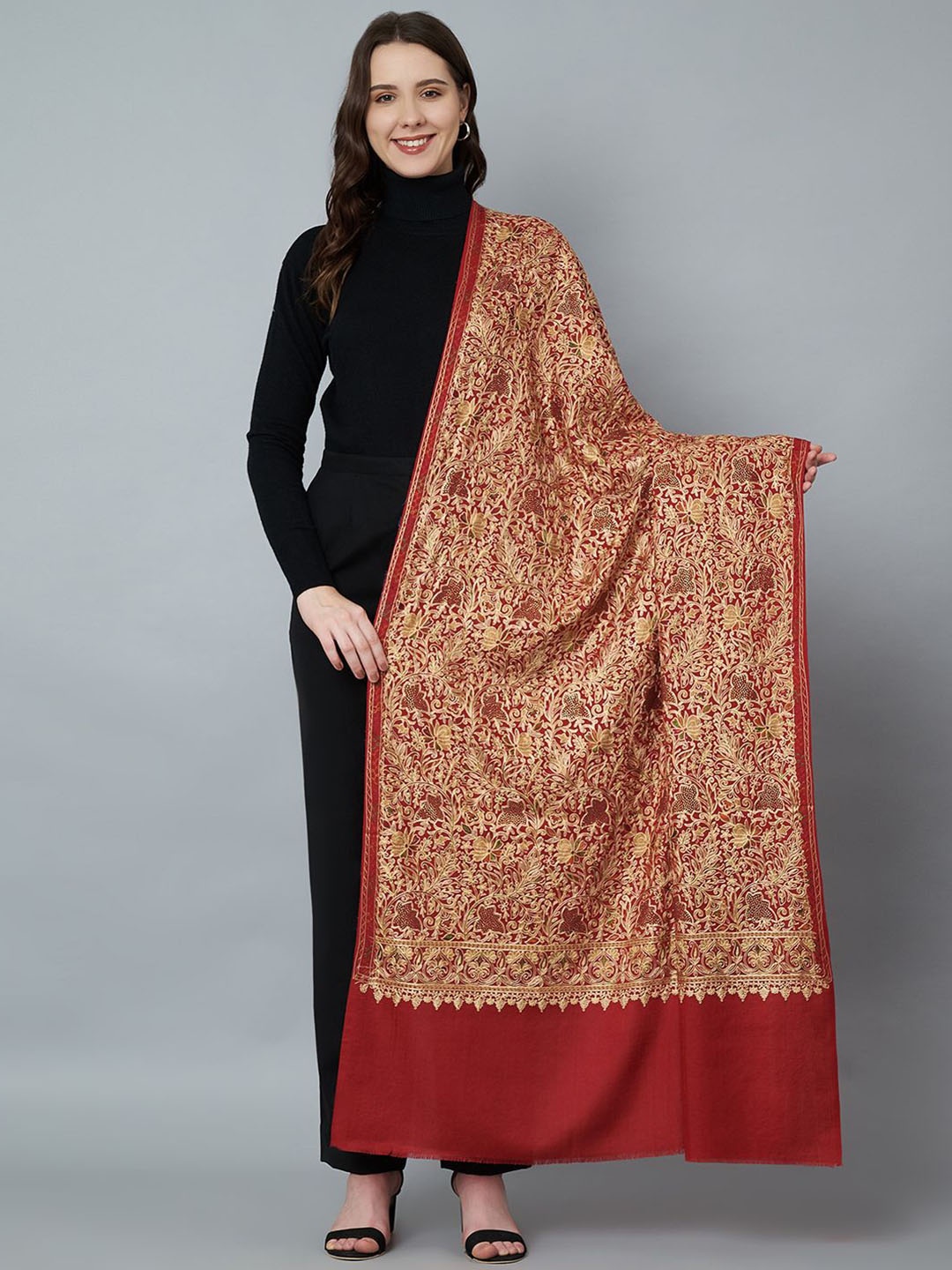 

MUFFLY Women Floral Embroidered Shawl, Maroon