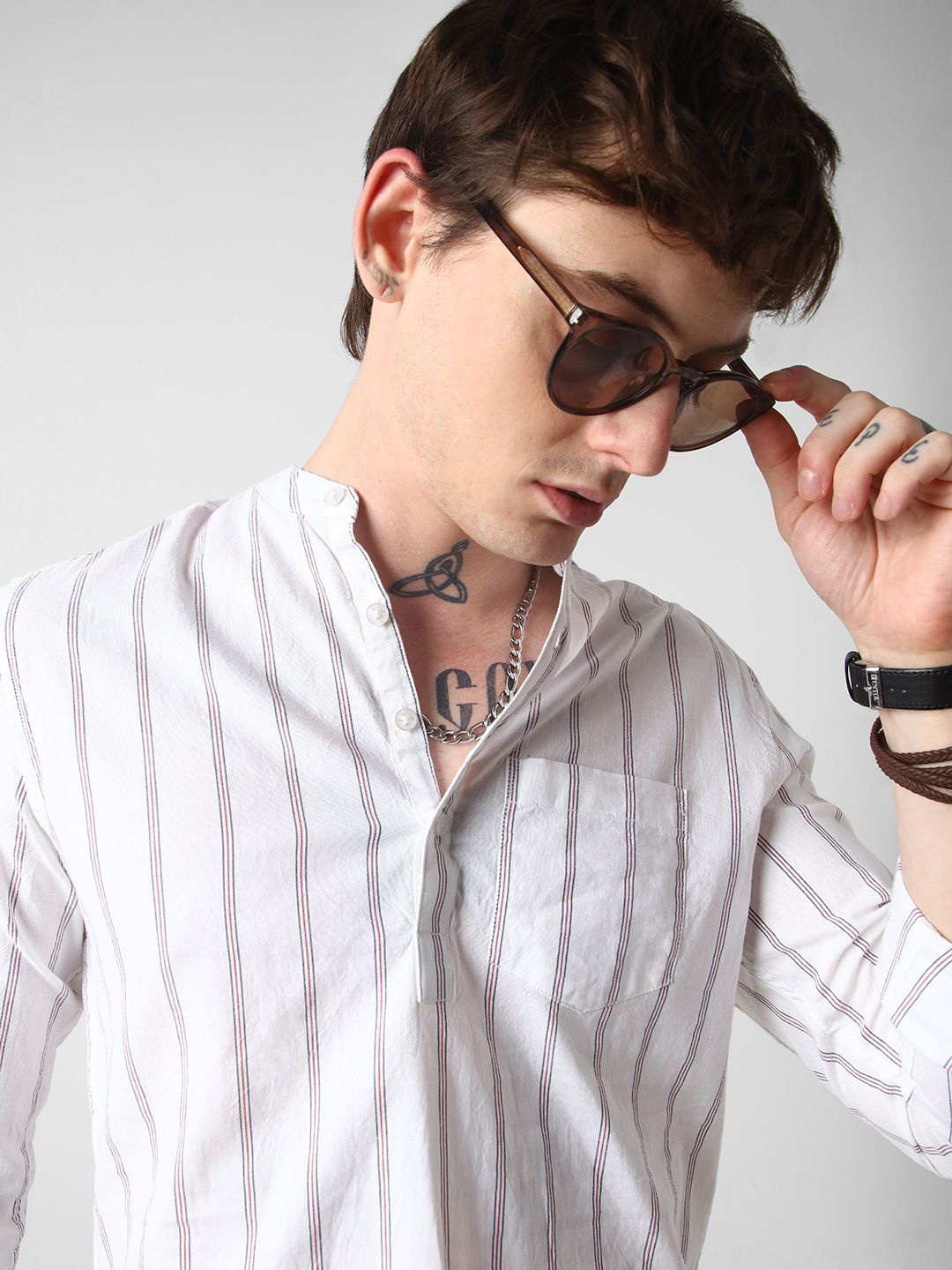 

VASTRADO Classic Striped Band Collar Cotton Straight Kurta, White