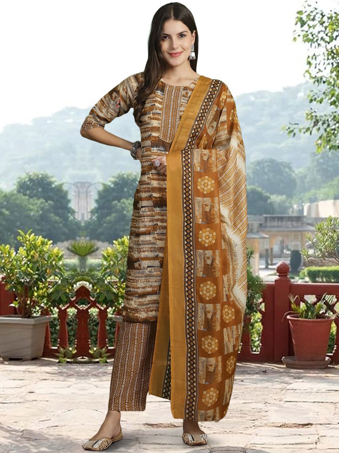 

7Threads Abstract Printed Pure Cotton Straight Kurta with Trousers & Dupatta, Khaki