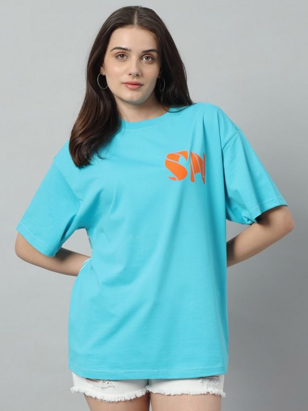 

SWAGNOX Women Typography Printed Tropical Raw Edge T-shirt, Turquoise blue