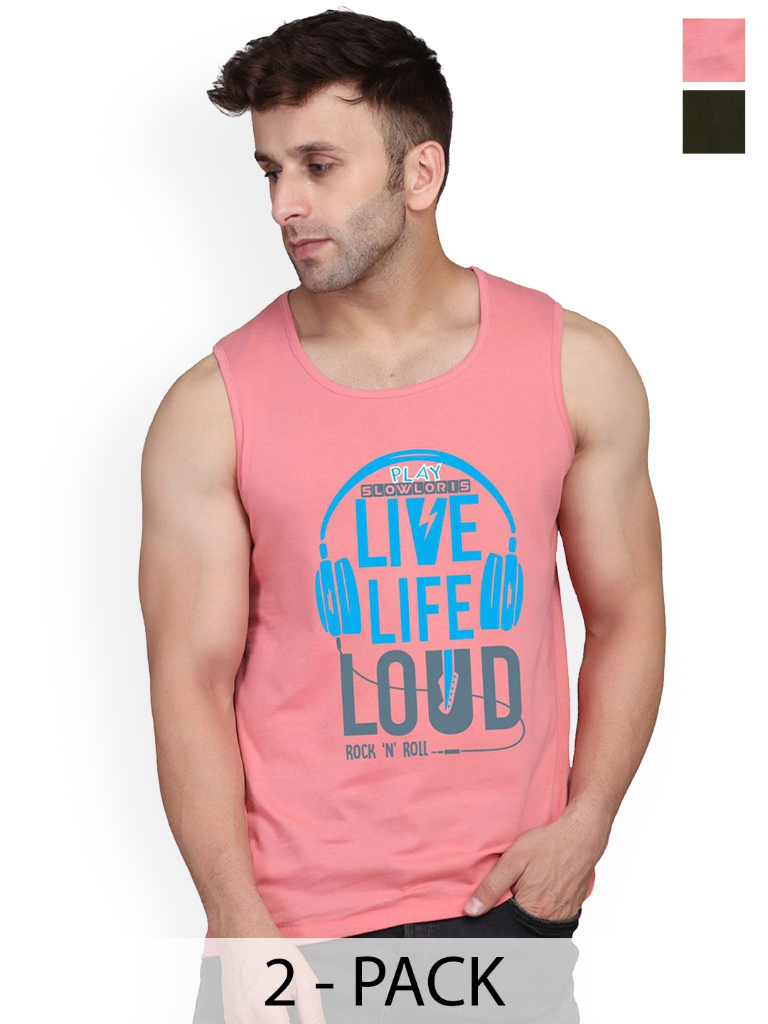 

SLOWLORIS Men Pack Of 2 Printed Innerwear Vests, Peach