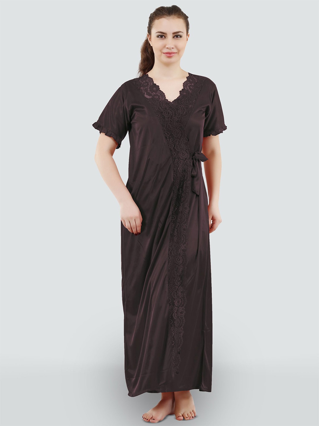 

Romaisa Self Design Satin Solid Nightdress with Robe, Brown