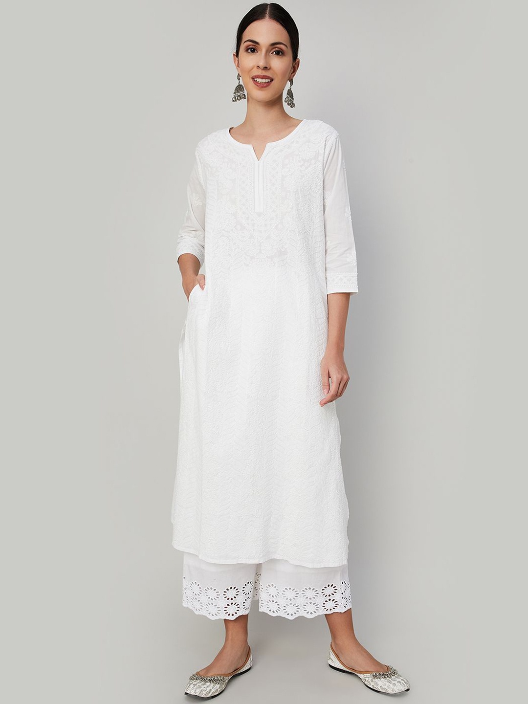 

Melange by Lifestyle Ethnic Motifs Embroidered Thread Work Pure Cotton Straight Kurta, White