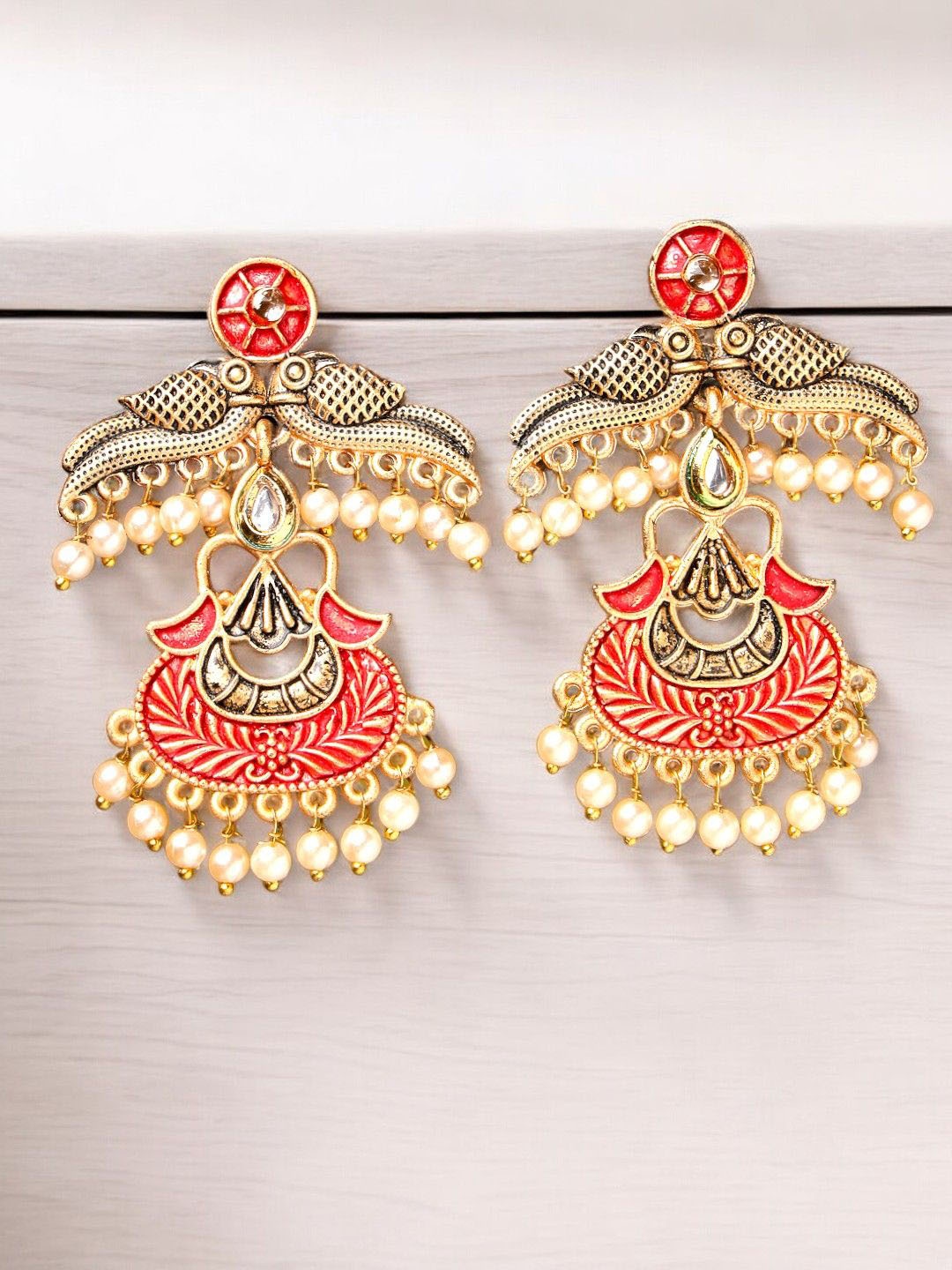 

ADIVA Gold-Plated Kundan Studded & Pearls Beaded Peacock Shaped Drop Earrings
